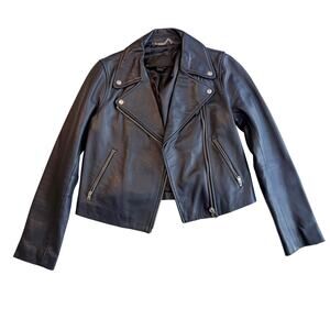 J.Crew Collection Navy Blue Leather Cropped Moto Jacket Size 6